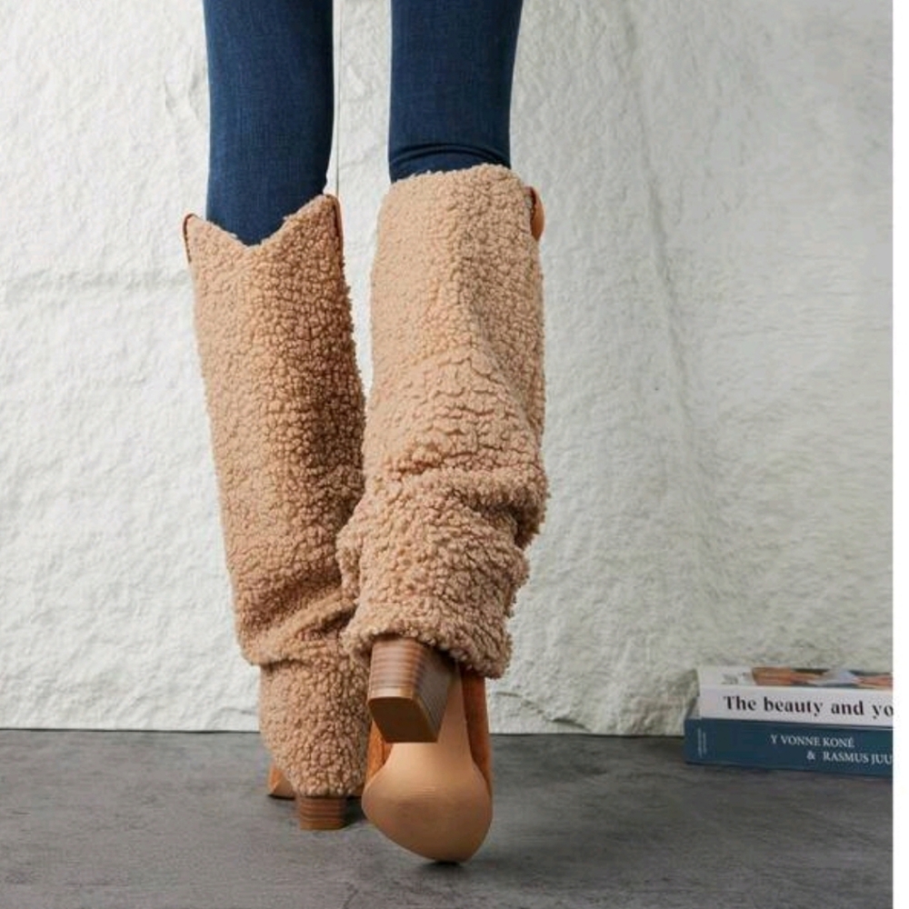 Women Knee High Boots Western Cowboy Boots Chunky Heel Warm Boots Slouch Tall - Picture 5 of 5